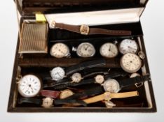 A contemporary faux leather jewellery case containing antique and later pocket watches,