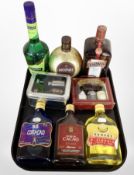 A group of alcohols including Mozart chocolate cream, boxed set of three miniature bottles of port,