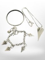 A Danon necklace, bracelet and bangle, an oval silver snakeskin-finish pendant on chain,