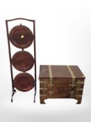 An oak and brass-bound coal box, together with an Edwardian mahogany three-tier cake stand.