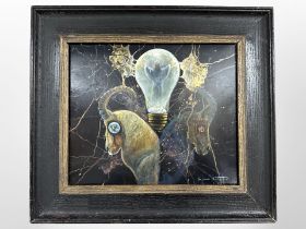 Susan Mortimer (Contemporary) : Abstract composition with light bulb and horned animals,