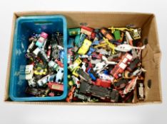A box of unboxed diecast cars including Hot Wheels, Husky, etc.
