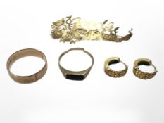 Two 9ct gold rings, a pair of yellow metal earrings and similar Chinese brooch.