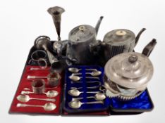 A group of antique silver-plated and pewter wares including teapots,