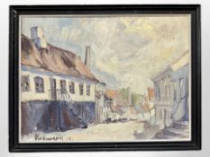 Danish school : Buldings in a town, oil on canvas, 42cm x 32cm.