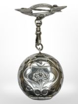 An Art Nouveau silver pill box suspended on bar brooch, height 6.