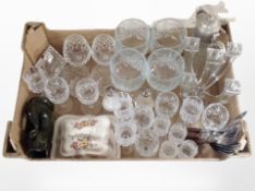 A box containing crystal glasses, candelabrum, cutlery, cheese dish and cover, etc.