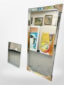 Two contemporary frameless mirrors, largest 77cm x 178cm.
