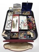 A tray of assorted costume jewellery, faux pearls, bead necklaces, earrings.