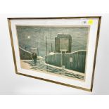 A continental colour print depicting a figure on a street, indistinctly signed in pencil,