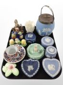 A group of ceramics including several Wedgwood Jasperware trinket boxes, biscuit jar,