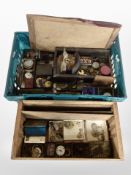 A box of pocket watch parts, movement components, continental wall clock, etc.