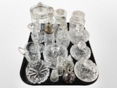 A group of crystal dressing table jars, scent bottles, pair of candlesticks, etc.