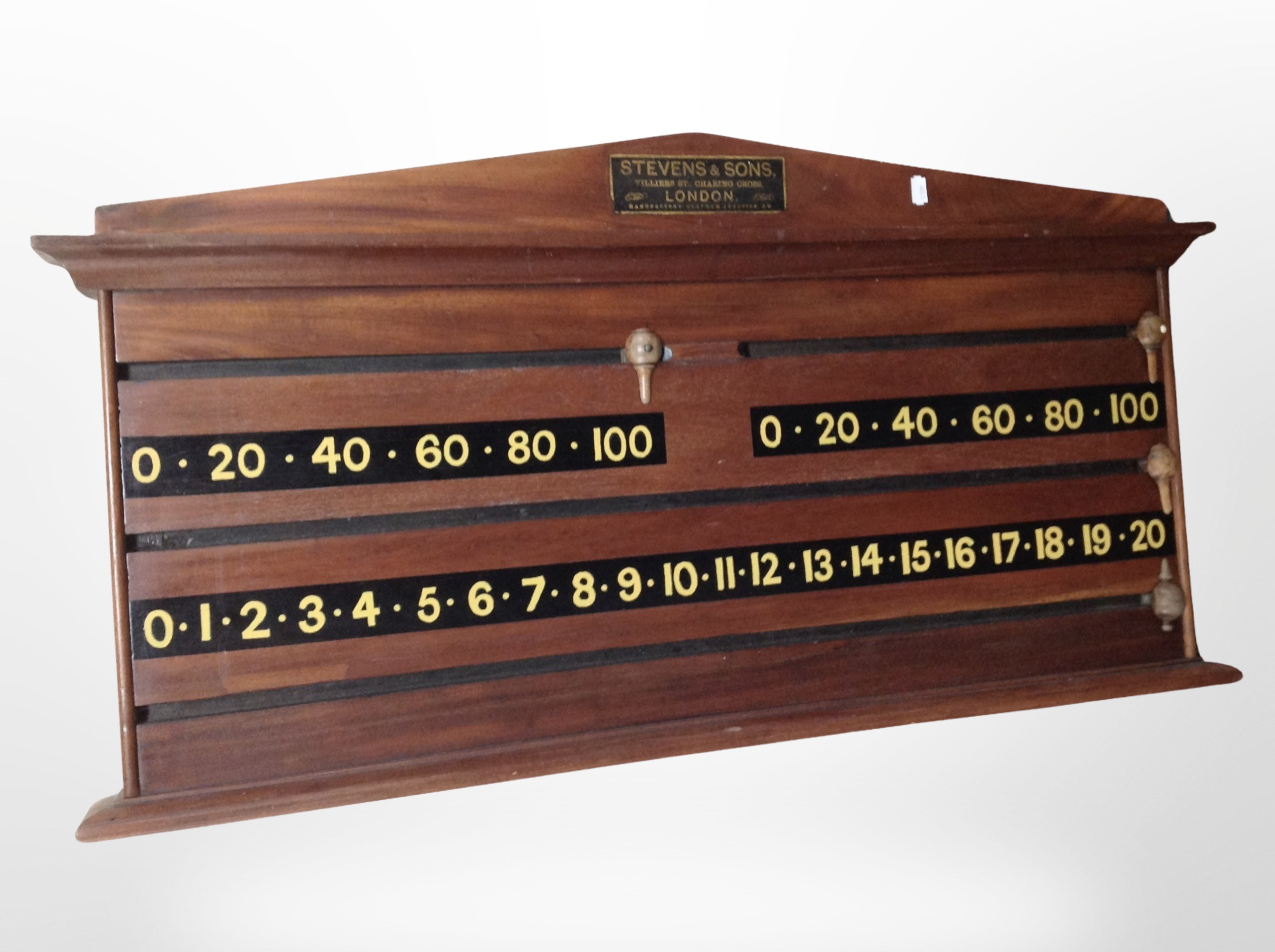 A Stevens and Sons of London mahogany snooker scoreboard, 101cm x 50cm.