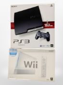 Sony PlayStation 3 and Nintendo Wii consoles, both boxed.