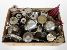 A box of silver plate and pewter wares, including tea sets, tankards, candelabrum, candles, etc.