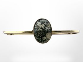 A 9ct gold moss agate bar brooch, width 43mm. CONDITION REPORT: 2.