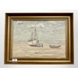 Danish school : Fishing boats on a beach, oil on canvas, 41cm x 28cm.