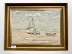 Danish school : Fishing boats on a beach, oil on canvas, 41cm x 28cm.