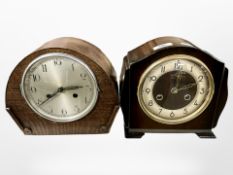A Bentima eight day mantel clock and another oak example,