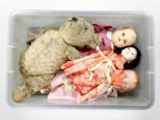 A vintage mohair teddy bear, together with a bisque porcelain-headed doll stamped 'Baby Gloria,