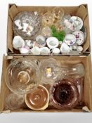 Two boxes containing 20th-century glassware and ceramics, crested china, etc.