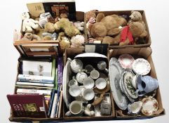 A pallet of soft toys, teddy bears, tea china, books,
