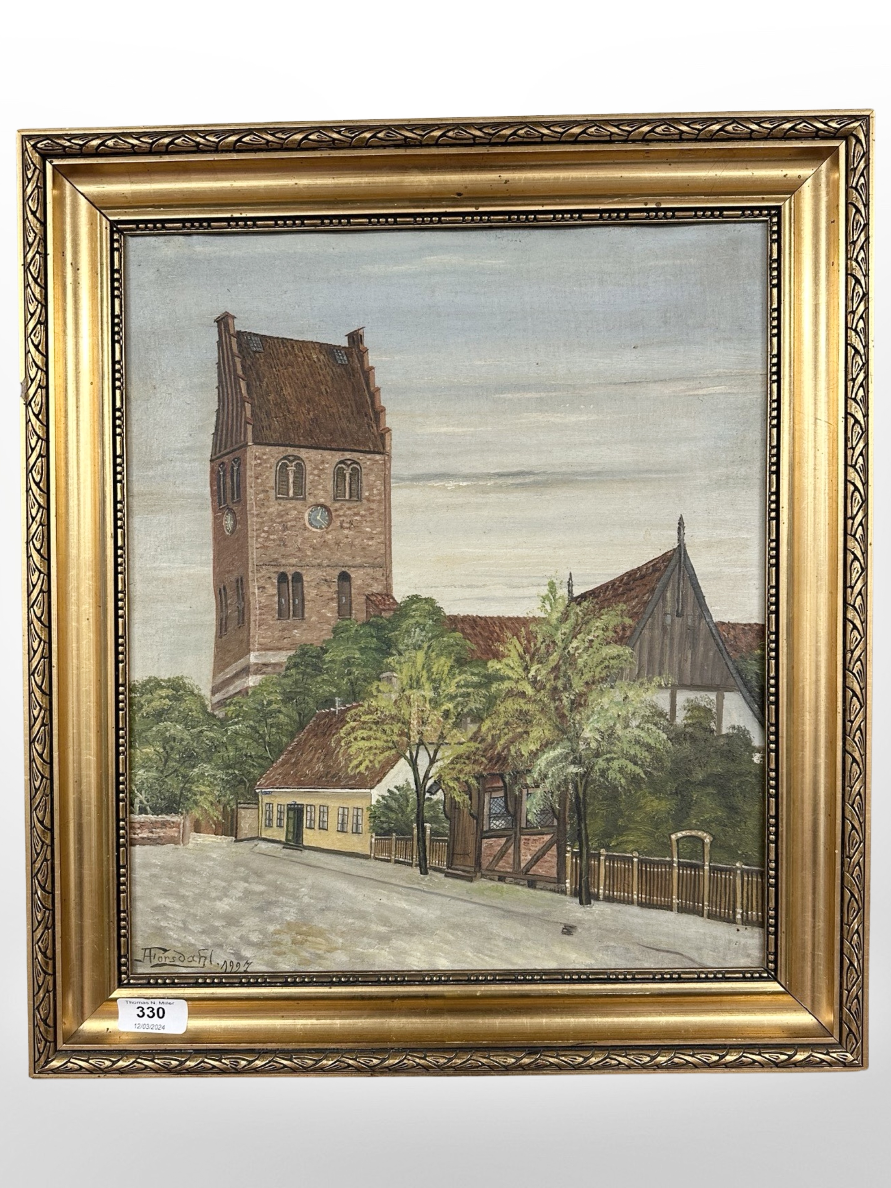 Danish school : Study of a church, oil on canvas, 35cm x 41cm.