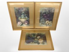E Chester : Still life of fruit and flowers, oil on paper, each 30cm x 20cm (3).