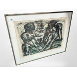 A continental abstract colour print depicting figures, indistinctly signed in pencil, 72cm x 52cm.