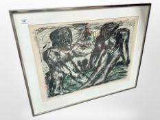 A continental abstract colour print depicting figures, indistinctly signed in pencil, 72cm x 52cm.