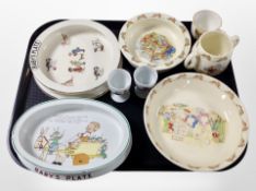 A group of Royal Doulton Bunnykins ceramics, two Shelley baby's plates, etc.