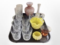 A group of glassware including vases, set of six crystal tumblers, two-tone glass basket, etc.