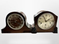 Two early 20th century oak eight day mantle clocks,