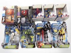 Boxed action figures including Max Steel by Mattel, Vynl bobble heads, Zoteki X-Men figures.