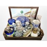 A box containing pottery, oil lamp base, Maling ceramics, Ringtons items,