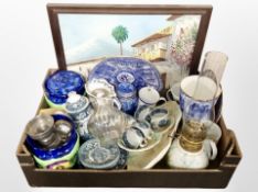 A box containing pottery, oil lamp base, Maling ceramics, Ringtons items,