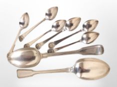 A pair of Victorian silver dessert spoons, and a further set of six teaspoons.