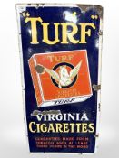 An antique enamel advertising sign, 'Turf', Virginia Cigarettes, 46cm x 91cm.