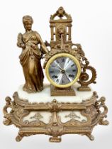 A 19th century French alabaster and gilt metal figural eight day mantel clock, striking on a bell,