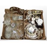 Two boxes containing ornate silver-plated teapots, pair of goblets, gallery serving tray,