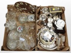 Two boxes containing ornate silver-plated teapots, pair of goblets, gallery serving tray,