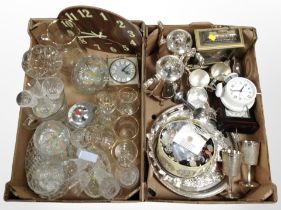 Two boxes containing ornate silver-plated teapots, pair of goblets, gallery serving tray,