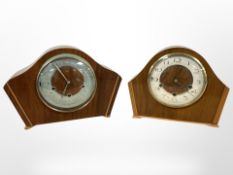 A Smiths Enfield walnut cased mantel clock, plus another similar, tallest 22cm.