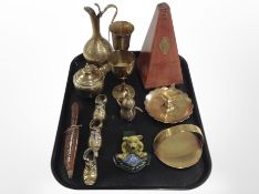 A Maelzel metronome, together with a group of brass wares including etched jug and goblets,