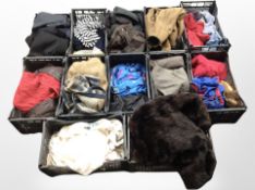 Twelve crates of assorted clothing, furs,