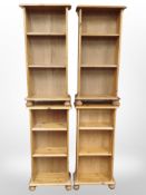 Four contemporary pine open bookshelves,