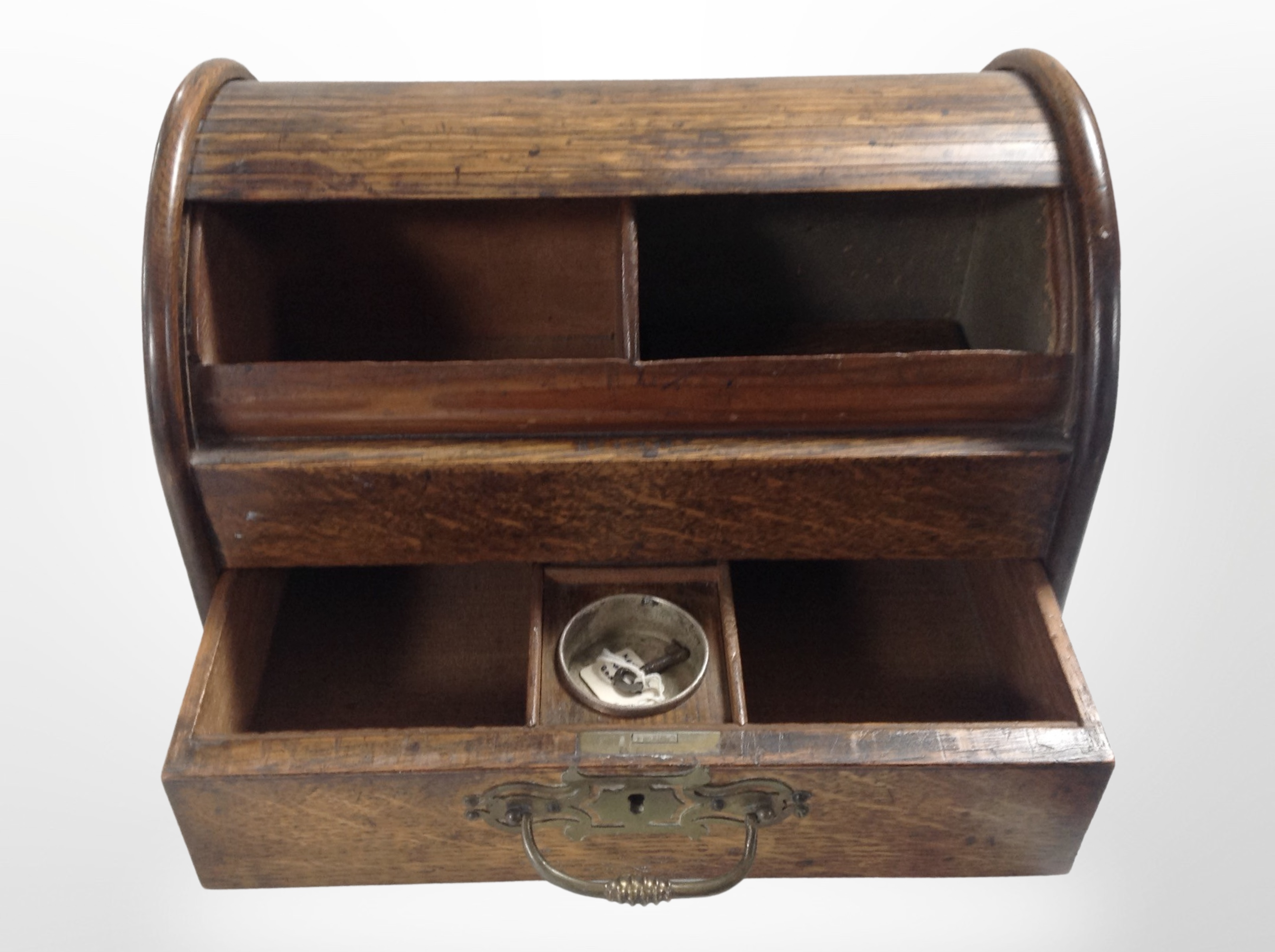 A 19th-century oak roll top table in box, fitted a drawer, width 32cm. - Image 2 of 2