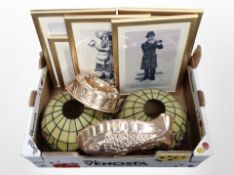 A box containing contemporary copper-effect jelly moulds, pair of Tiffany-style light shades,