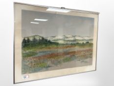 A colour print after Niels Nielsen depicting moorland, 75cm x 56cm.